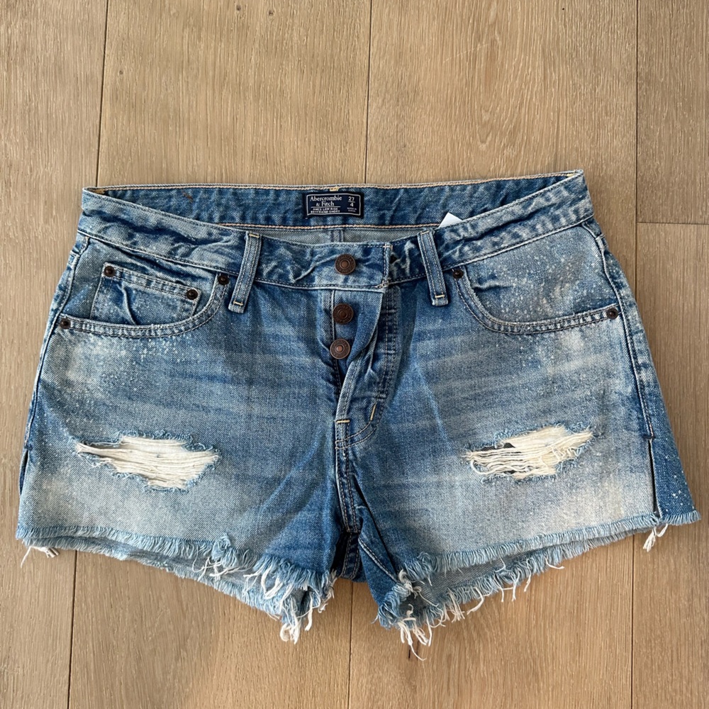 Abercrombie Distressed Light Blue Denim Women's Shorts with slits.